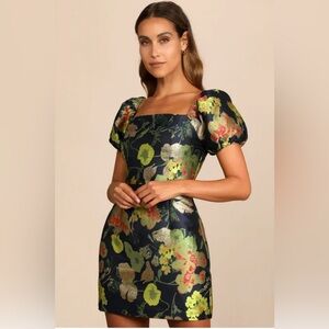 Lulus Navy Blue Floral Jacquard Puff Sleeve Mini Dress